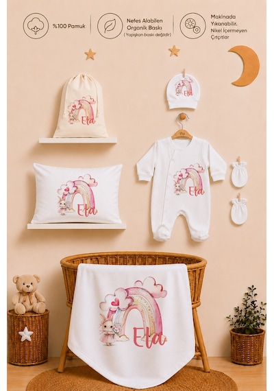 Pia Baby Kız Bebek %100 Pamuk İsme Özel Hastane Çıkışı Hediye Seti Yastık Tulum Battaniye Ve Kese 1048tybk0x Krem