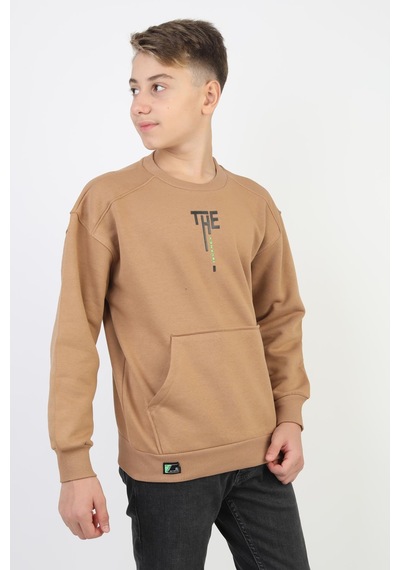 Kanguru Cepli Bisiklet Yaka Erkek Çocuk Sweatshirt-90901 Kahverengi
