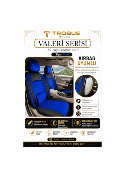 Bmw 3 Serisi E36 1993-2000 Uyumlu Valeria Serisi Mavi Siyah Bel Destekli Tay Tüyü Koltuk Kılıfı