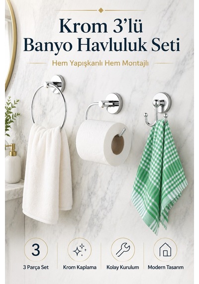 Alper Banyo Krom 3'Lü Banyo Seti, Yuvarlak Havluluk, Kağıtlık Ve Bornoz Askısı