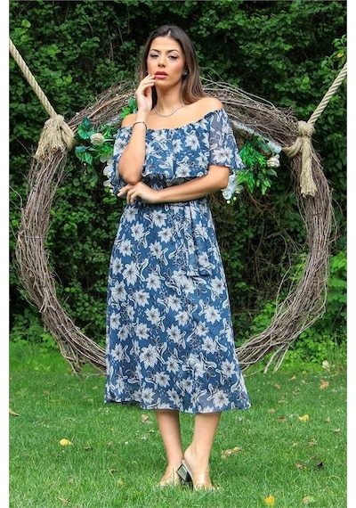 Neşeli Butik Kadın İndigo Madonna Kuşaklı Çiçek Desenli Şifon Elbise Nb10037 Indigo