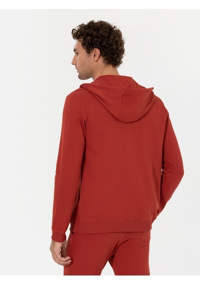 Kiremit %100 Pamuk Tam Fermuarlı Kapüşonlu Sweatshirt Kırmızı
