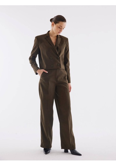 Süet Haki Kruvaze Crop Ceket 001