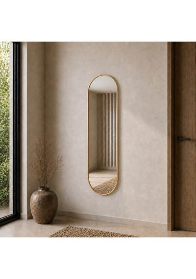 Modern Oval Boy Aynası 40x120 Cm Minimalist Çerçeveli Dekoratif Duvar Aynası 2026 Trend Altın