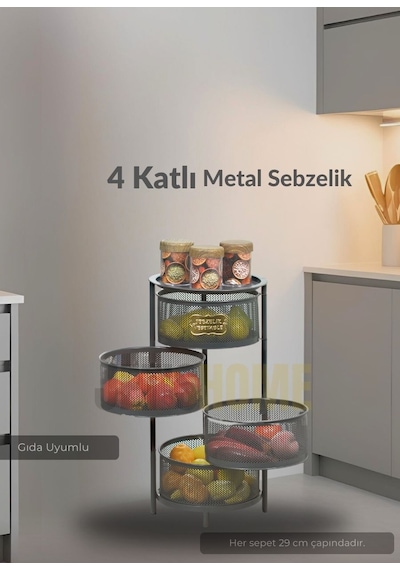4 Katlı Sebzelik Açılır Metal Patates Soğan Sepeti Paslanmaz Meyvelik Organizer Sepet Siyah Siyah