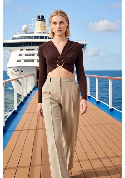 Benerly Kadın Bluz Crop V Yaka Uzun Kol Fitted Kalıp Örme Kumaş Düz Desen Kahverengi