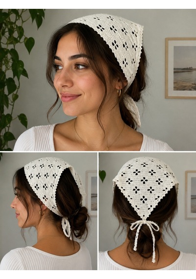 El Örgüsü Çiçek Desenli Kombin Saç Bandanası Bohem Kadın Bandana Yazlık Örgü Bandana Ayarlanabilir Saç Aksesuarı Beyaz