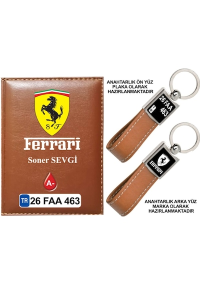 Plakanıza Özel Ferrari Logolu Taba Ruhsat Kabı Ve Anahtarlık