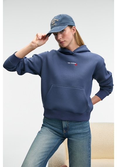 ETHIQUET ME UREA Kadın Nakışlı Kapüşonlu Comfort Fit Koyu Mavi Sweatshirt