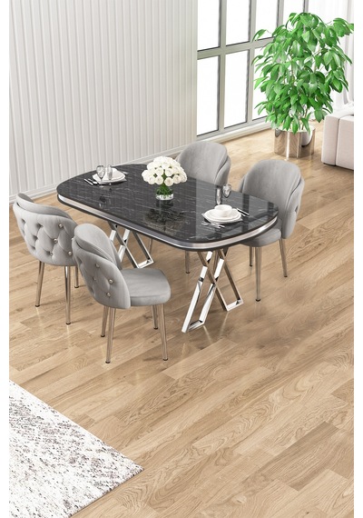 Canisa Zae Serisi 90x168 Lak Panel Siyah Mermer Desen Krom Ayak Masa Takımı 4 Gri Sandalye Masa Siyah Mermer Desen Sandalyeler Gri Canisa Zae Serisi 90x168 Lak Panel Siyah Mermer Desen Krom Ayak Masa Takımı 4 Gri Sandalye Masa Siyah Mermer Desen Sandalyeler Gri