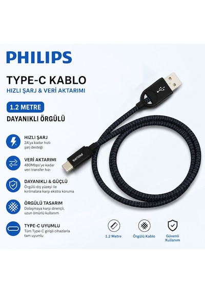 Philips Usb-a To Usb-c Kablo 1.2 Metre Dayanıklı Örgülü Hızlı Şarj Senkronizasyonlu Type-c Kablo