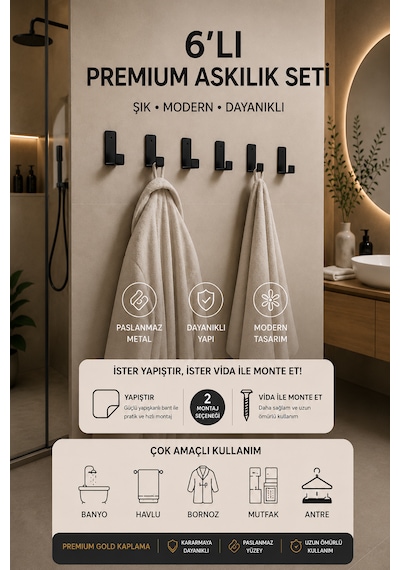 6 Lı Metal Yapışkanlı Siyah Renk Bornoz/havlu Askısı/mutfak Askısı / Çok Amaçlı Askı / Paslanmaz 2mm "çok Kalın Askı"