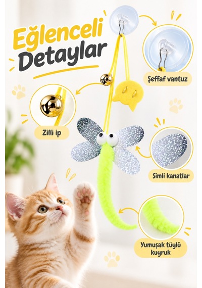 Çıngıraklı Kedi Oyuncağı Yapışkanlı Kedi Oyun Oltası Renkli Ponponlu Hacıyatmaz Oyuncak Zıplayan Top