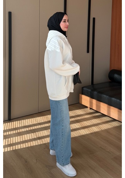 Balenbi Kadın 3 İplik İçi Polarlı Kapüşonlu Tesettür Basic Sweat Hırka 395 Ekru