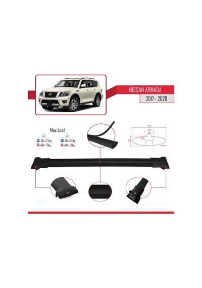 Nissan Armada Y62 2017-2020 Arası İle Uyumlu Fly Model Ara Atkı Tavan Barı Siyah 3 Adet Bar