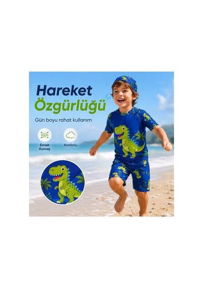 Rony Pony Kids Erkek Çocuk Dinozor Desenli Mayo Takımı 3 Parça Uv Korumalı Tişört Şort Bone Mavi Yeşil Rony Pony Kids Erkek Çocuk Dinozor Desenli Mayo Takımı 3 Parça Uv Korumalı Tişört Şort Bone Mavi Yeşil