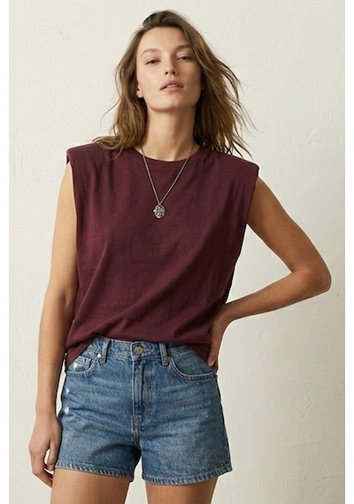 Elemge %100 Pamuk Süprem Tok Kumaş Kadın Oversize Bordo T-shirt Geniş Omuzlu Dökümlü Kolsuz Bol Kalıp