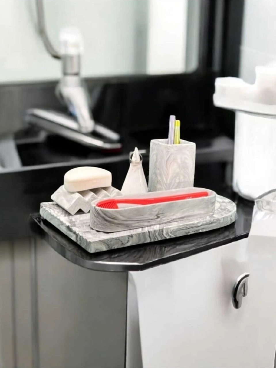 Marble Serisi Archade Kemer Tepsili Organizerli Beton Banyo Seti Gri