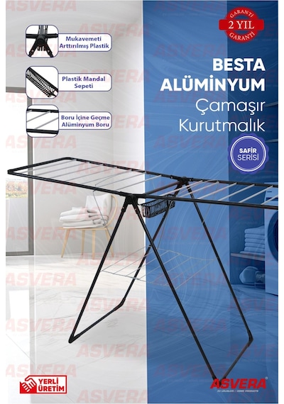 Safir Serisi - Besta Yarı Alüminyum Çamaşır Kurutmalık - Sepetli Çamaşır Kurutma Askısı Antrasit