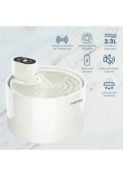 Haustier Wf03 Otomatik Kablosuz Kedi Su Pınarı, Sensörlü , Bataryalı , Ultra Sessiz, Seramik, 2,3lt Hazne