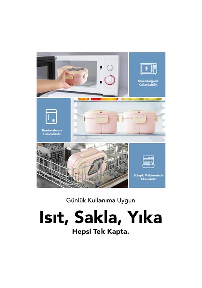 Bondie Kilitli Kapak Yemek Kabı - 2 Katlı Bölmeli Kaşık Ve Sosluklu Lunch Box Beslenme Kutusu Pembe
