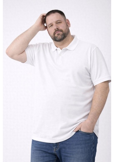 Barlashive Erkek Polo Yaka Düğmeli Tişört Pike Kumaş Battal Beden Kısa Kol T-shirt - Beyaz Çok Renkli