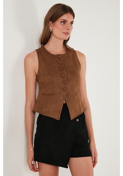 Lela Fitted Fit Bisiklet Yaka Düğmeli Yumuşak Dokulu Bayan Yelek 5866435 Taba