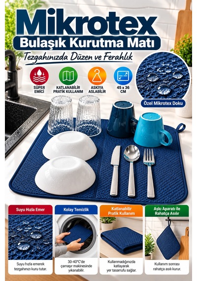 Lacivert Bez Mikrotex Bulaşık Kurutma Matı 45x36 Cm Süper Emici Katlanabilir Tezgah Üstü Kurutma Mat