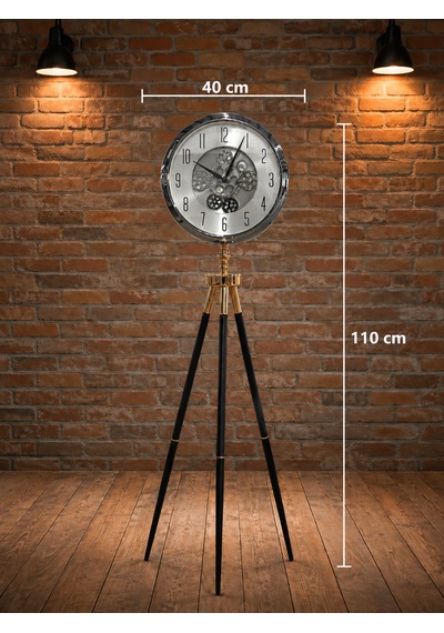 Krom Metal Ayaklı Dekoratif Salon Saati 110 Cm 40 Cm Çaplı Tripod Tasarımlı Retro Lüks Yer Saati