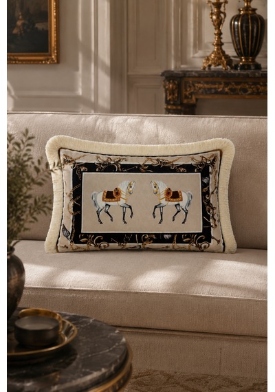 Barok At Desenli Püsküllü Babyface Dokuma Kırlent Kılıfı 35 X 50 Çok Renkli