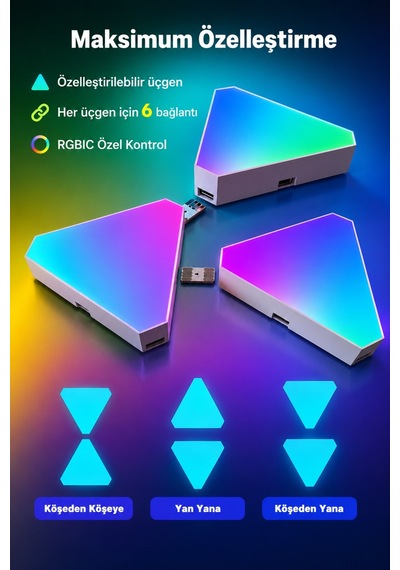 Triangle Rgbıc Üçgen Duvar Apliği Telefon Ve Kumanda Kontrollü Özelleştirilebilir 10 Parça Rgb-ıc