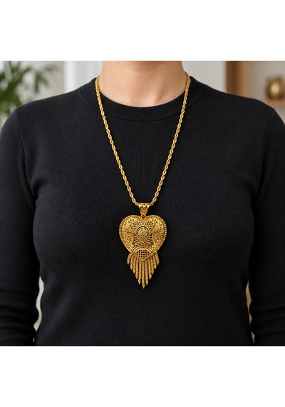 Gold Renk Otantik Hint Modeli Kalp Motifli Sallantılı Uzun Kadın Kolye 60+5 Cm Renkli