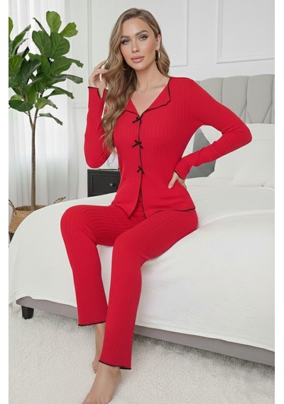 Bella Notte Pamuklu Kırmızı Fiyonk Detaylı Mevsimlik Pijama Takımı