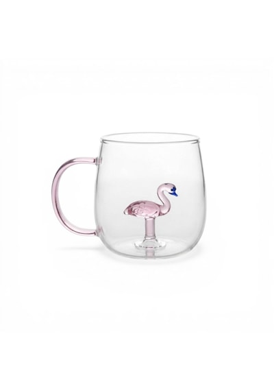 Flamingo Figürlü Borosilikat Cam Kupa 350 Ml Renkli Kulplu Kahve Kupası Dekoratif Hediye Bardak Açık Pembe