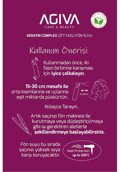 Çift Fazlı Keratinli Isı Koruyucu Ve Onarıcı Fön Suyu