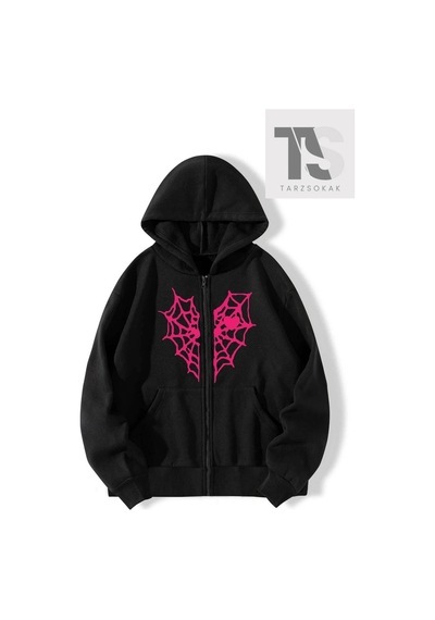 Tarzsokak Kırmızı Kalp Örümcek Ağ Sweatshirt Fermuarlı Hırka Siyah