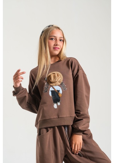 Loco Loco Kahverengi Baskılı Şapka Aksesuarlı Çocuk Sweatshirt