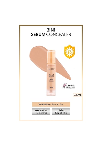 Note Cosmetics 3 in 1 Serum Concealer SPF 50 Nemlendirici ve Aydınlatıcı Göz Altı Kapatıcısı - 10 Medium