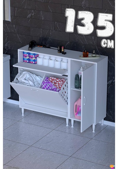 Sena 135 Cm Geniş Kullanım Alanlı Çift Sepetli Banyo Ve Kiler Dolabı Beyaz 85+50 X97x32 Cm