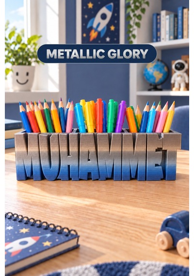 Kişiye Özel İsimli Kalemlik, 3 Bölmeli Çocuk Odası Masaüstü Organizeri İsme Özel Hediye Metallic Glory