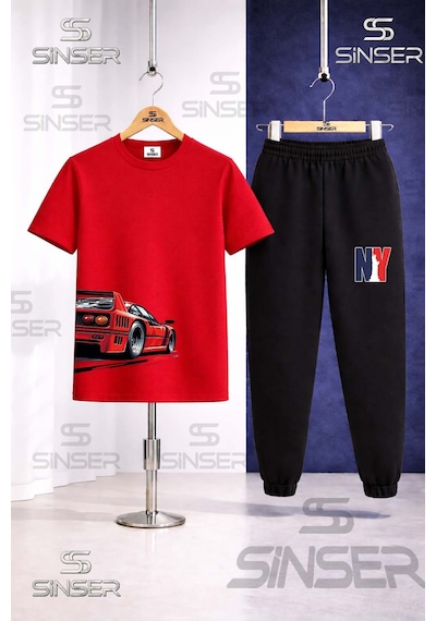 Ss Sinser Çocuk Araba Kırmızı Sag Yan Baskılı Tişort Eşofman Takımı Kırmızı - Siyah