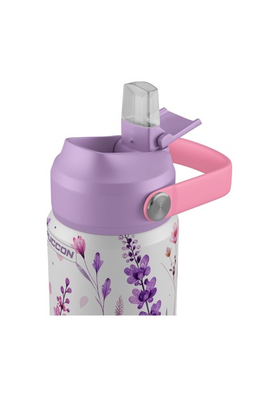 Puccon 540 Ml Çiçek Desenli Lila - Mor Kız Çocuk Pipetli Çelik Termos Matara/suluk - 60055