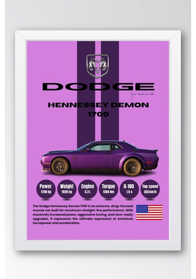 Dodge Hennessey Demon 1700 Tablo - Teknik Özellikli Araba Poster - Çerçeveli Duvar Dekoru Beyaz