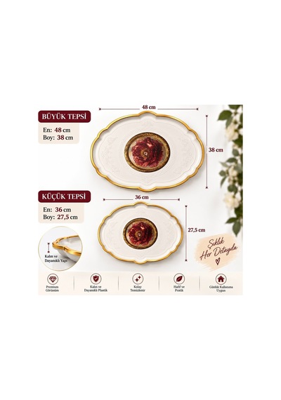 2 Li Büyük Boy Gold Dekoratif Sunum Tepsisi Seti 48x38 / 36x27,5 Cm Kalın Dayanıklı Plastik Çay Kahve Servis İkram Tepsisi 5 Farklı Model