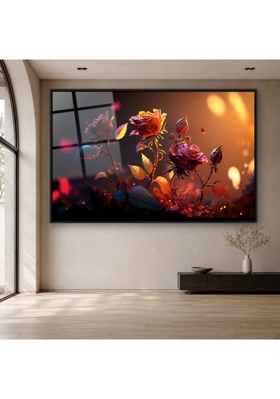Bokeh Işığında Kırmızı Güller Siyah Çerçeveli Cam Tablo