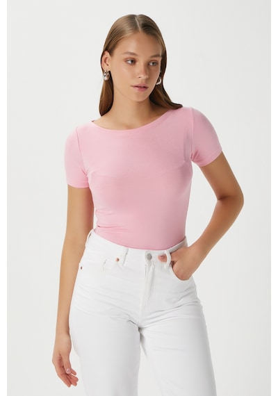 Ritnice Kadın Velvet Kayık Yaka Lux Touch Yumuşak Doku Kısa Kol Pembe Bluz