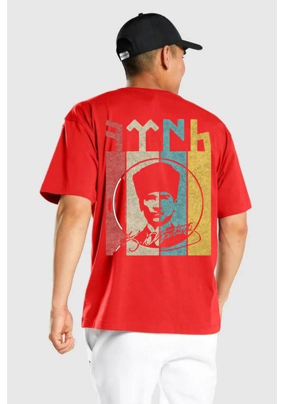 Atatürk İmzalı Türk Logo Kırmızı Oversize Unisex Ön Ve Sırt Baskılı Tişört Kırmızı