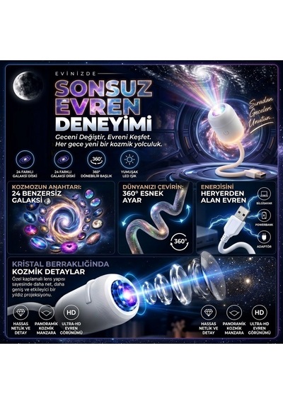 Yıldız Galaksi Projektörü 24'ü 1 Arada Tavan Yansıtmalı Gece Lambası & Oda Aydınlatma 24 Uzay Ve Romantik Slaytlı Us