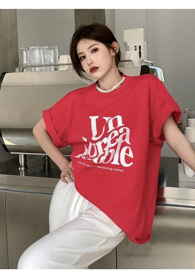 Kable T-shirt - Kırmızı Oversize Baskılı Bisiklet Yaka Kirmizi