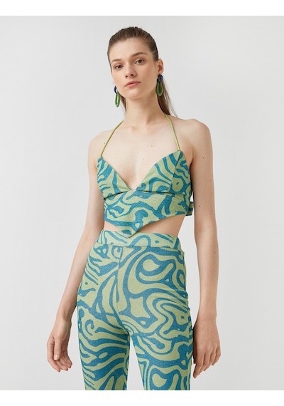Koton Crop Abiye Bluz Askılı V Yaka Yeşil Desenli 2sak60053fk Yeşil Desenli